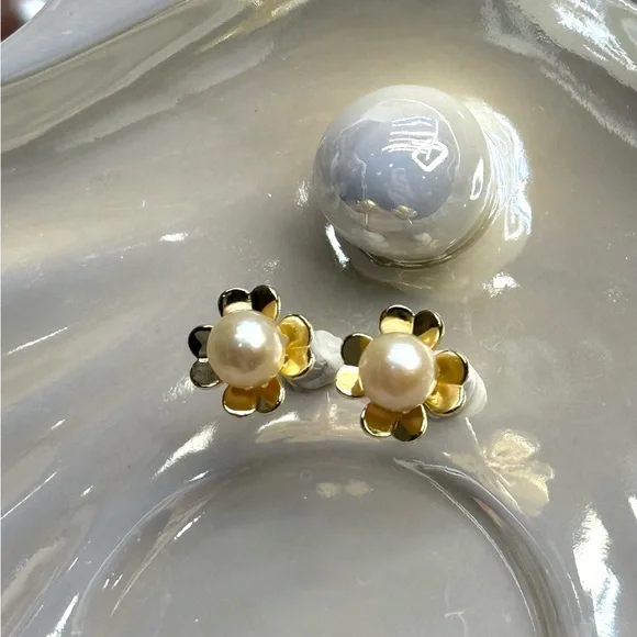 EPA43 Japanese 6-7mm CHAMPAGNE AkoyaPearl CLOVER Earrings 18K YELLOW GOLD S925